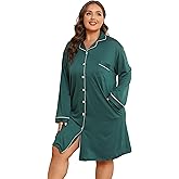 Vozanet Women Button Down Nightgown Plus Size Nursing Nightshirt Long Sleeve Nighty Bridal Dress with Pockets XL-5XL
