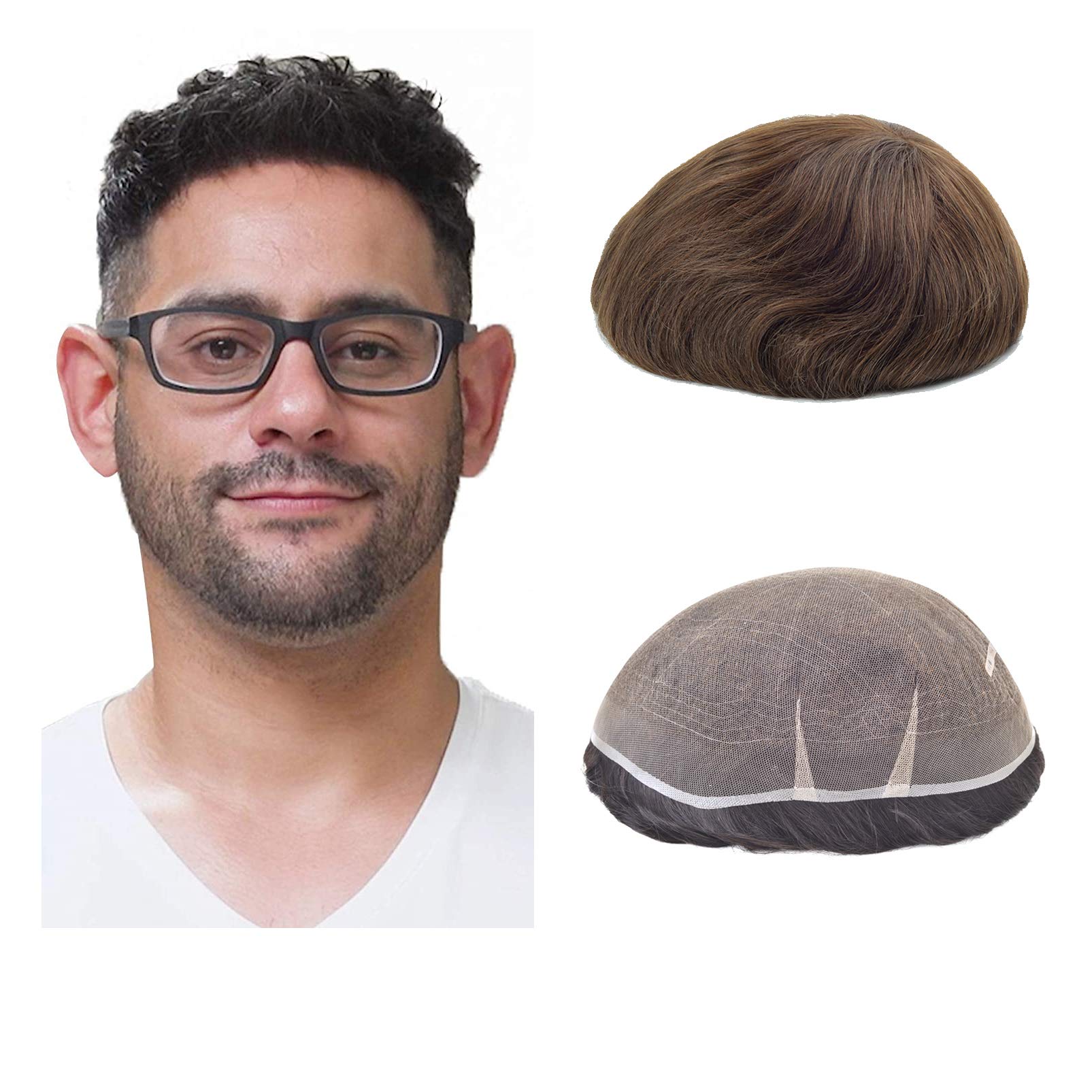 Lordhair Men's Toupee Full French Lace Hair Replacement System, Base Size 8x10 Inch Light Medium Density Hairpiece for Hair Loss Men