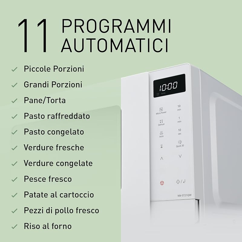 NN-ST21QWEPG Solo Forno a Microonde 20L con Piatto in Vetro, 800W, Scongelamento Automatico, 11 Programmi Automatici, Display LED, 5 Impostazioni di Potenza, Timer Digitale, Bianco