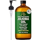 Jojoba Oil – 16 fl oz Glass Bottle with Pump – Cold-Pressed, Unrefined & Hexane-Free Jojoba Oil for Hair, Skin & Face – Natural Moisturizer & Lightweight Carrier Oil for Essential Oils & Massage