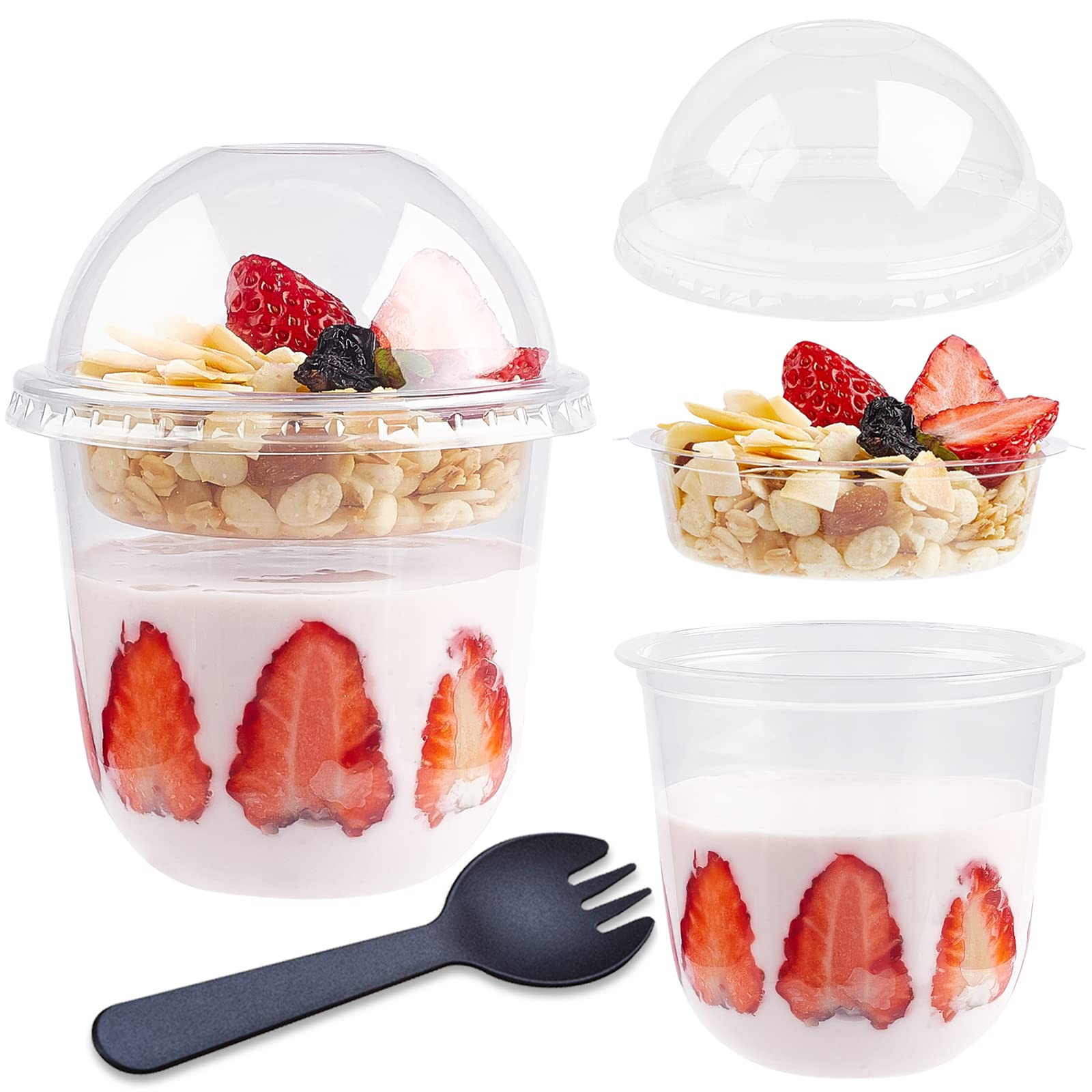 Photo 1 of TOFLEN 12 oz Clear Plastic Yogurt Parfait Cups with Lids Disposable To Go Cereal Cups for Breakfast Snack Fruit, Veggies and Dips (50 Cups+Inserts+Sporks+Dome Lids)