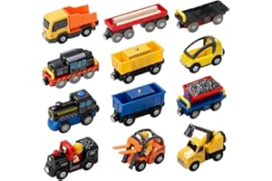 Giant bean 12PCS Vehicles Battery Operated Train Car Set, Magnetic Mini Construction Set for Wooden Train Track, Bulk Car Toy