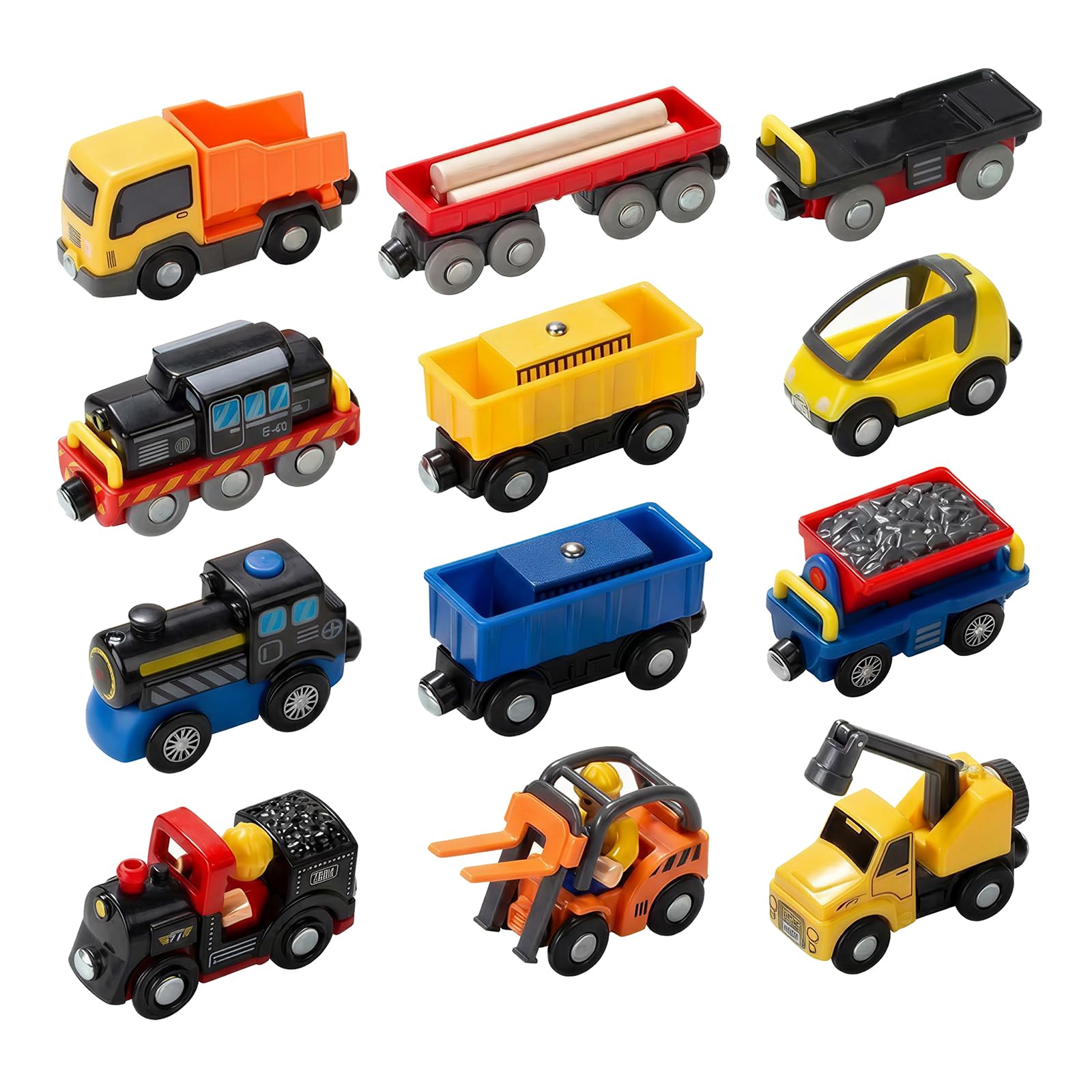 Giant bean 12 Vehicles Train Car Set Accessories, Battery Operated Magnetic Mini Construction Set for Wooden Train Tracks, Bulk Car Toys for Toddlers 3 4 5 Year Boys Girls Kids — image 1