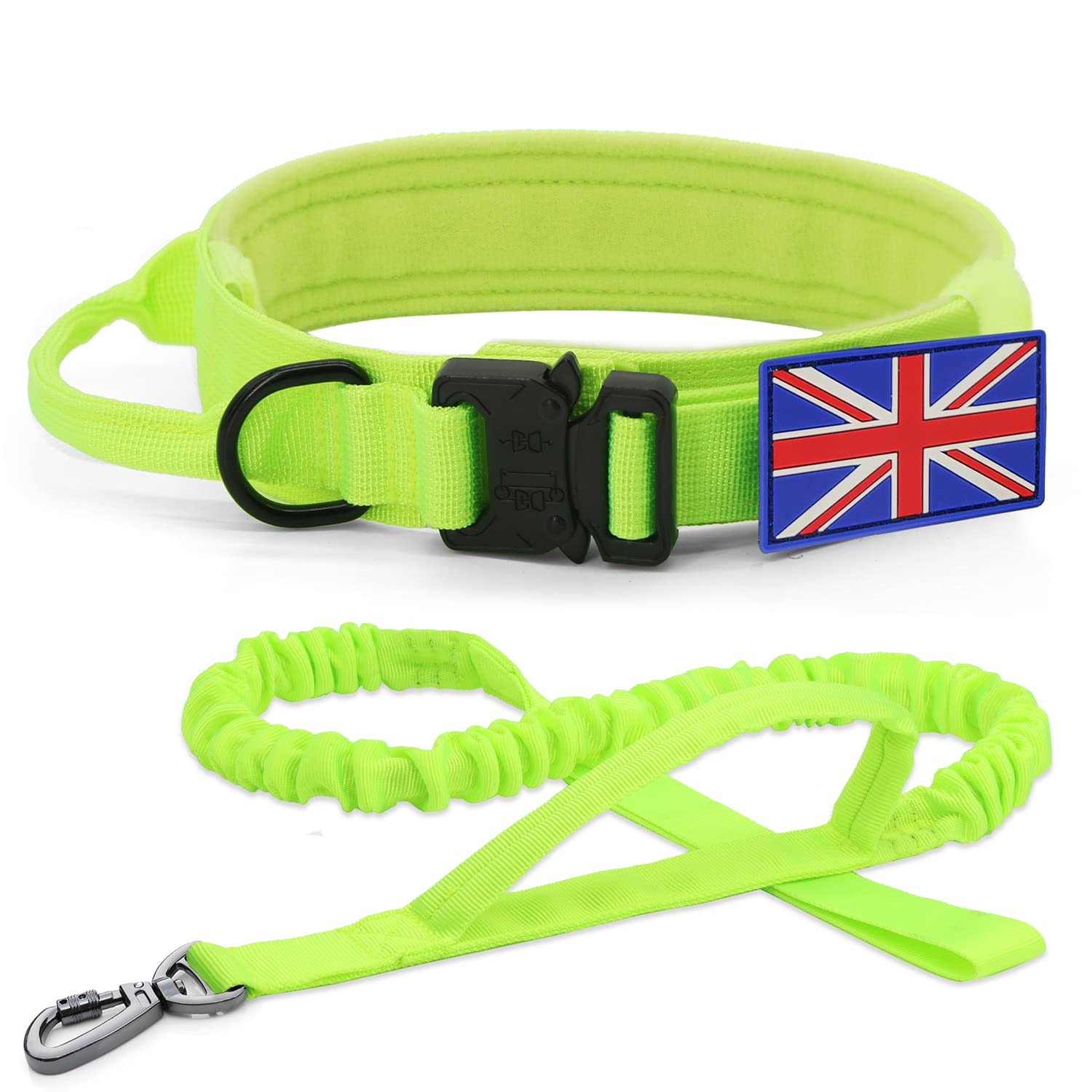 YoothBro K9 Military Dog Collar and Lead Set - Adjustable Nylon Collar with Heavy Duty Metal Buckle, UK Flag, Fluo-green, Medium Large, XL