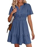 Simplee Womens Summer Denim Dress Casual Short Sleeve Tiered Mini Jean Dresses Western Cowgirl Country Outfits with Pockets,Denim Black,S at Amazon Women's Clothing store