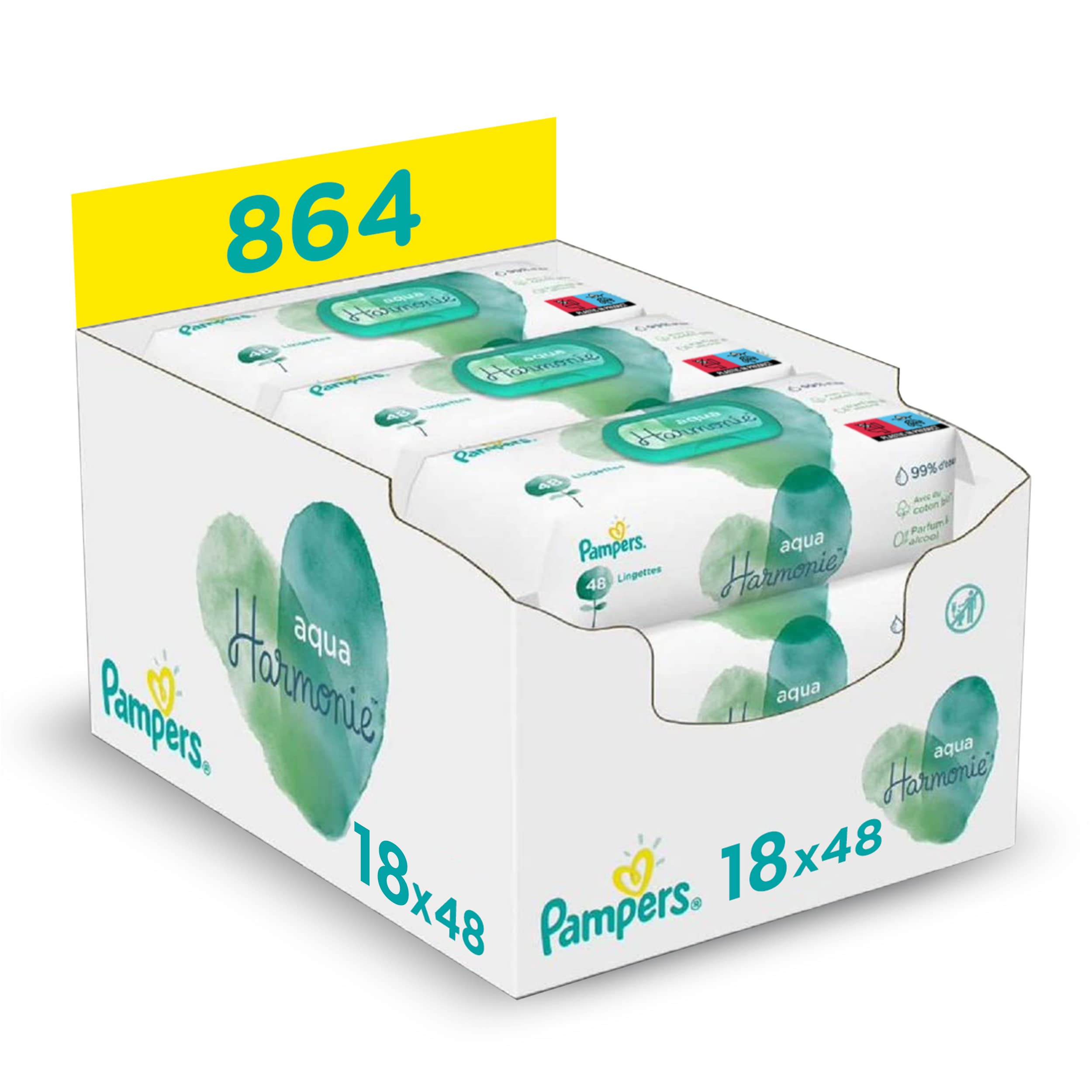 Pampers Aqua Harmony Wipes, Made of 99% Pure Water and Fragrance Free and Alcohol-Free, Pack of 6 x 144 Wipes (Total 864 Wipes)