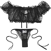 ABAFIP Women's Sheer Mesh Lingerie Off Shoulder Ruffle Bra Top Panty set Floral Babydoll Outfits