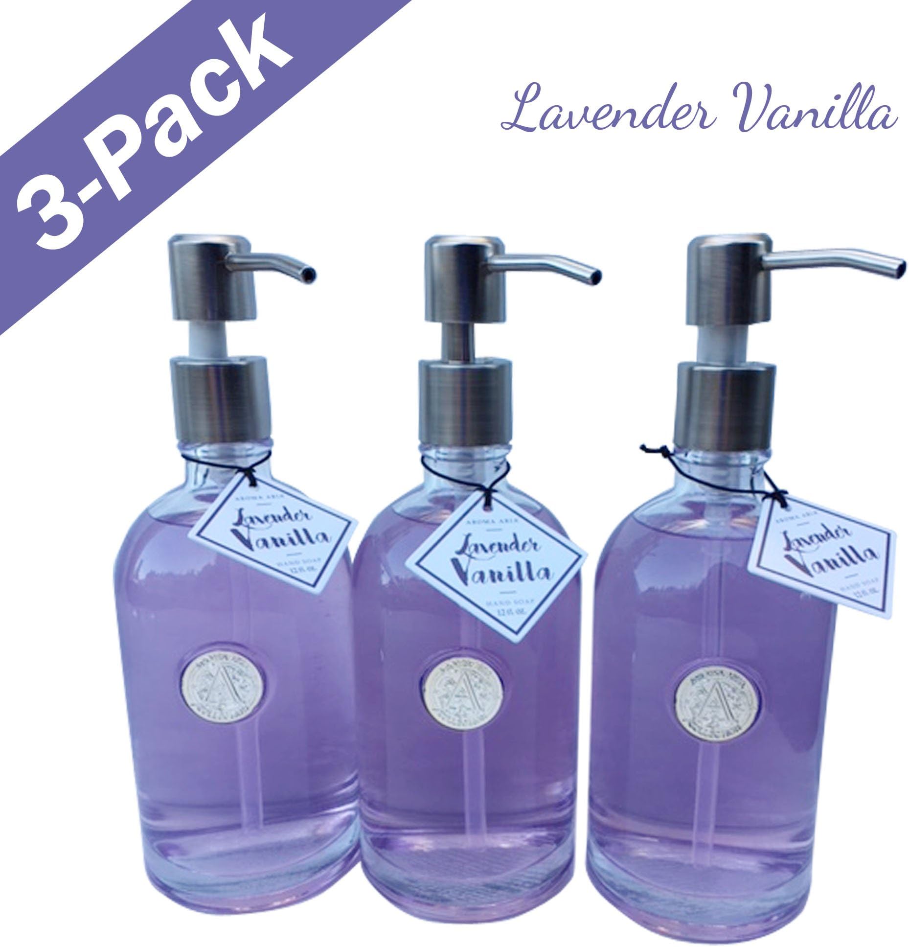 Hand Soap by Aroma Aria | Luxurious Decorative Refillable Glass Bottle with Stainless Pump | 12 fl.oz. (Lavender Vanilla)