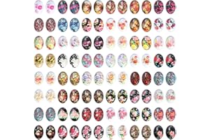 PH PandaHall 96PCS Flower Glass Cabochon 48Styles Oval Print Cabochons Dome 18mm Flat Back Mosaic Tiles Vintage Gems Mosaic T