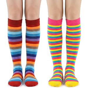 BAOKELAN Women 2 Pairs Rainbow Knee High Socks Striped Colorful Calf Long Socks