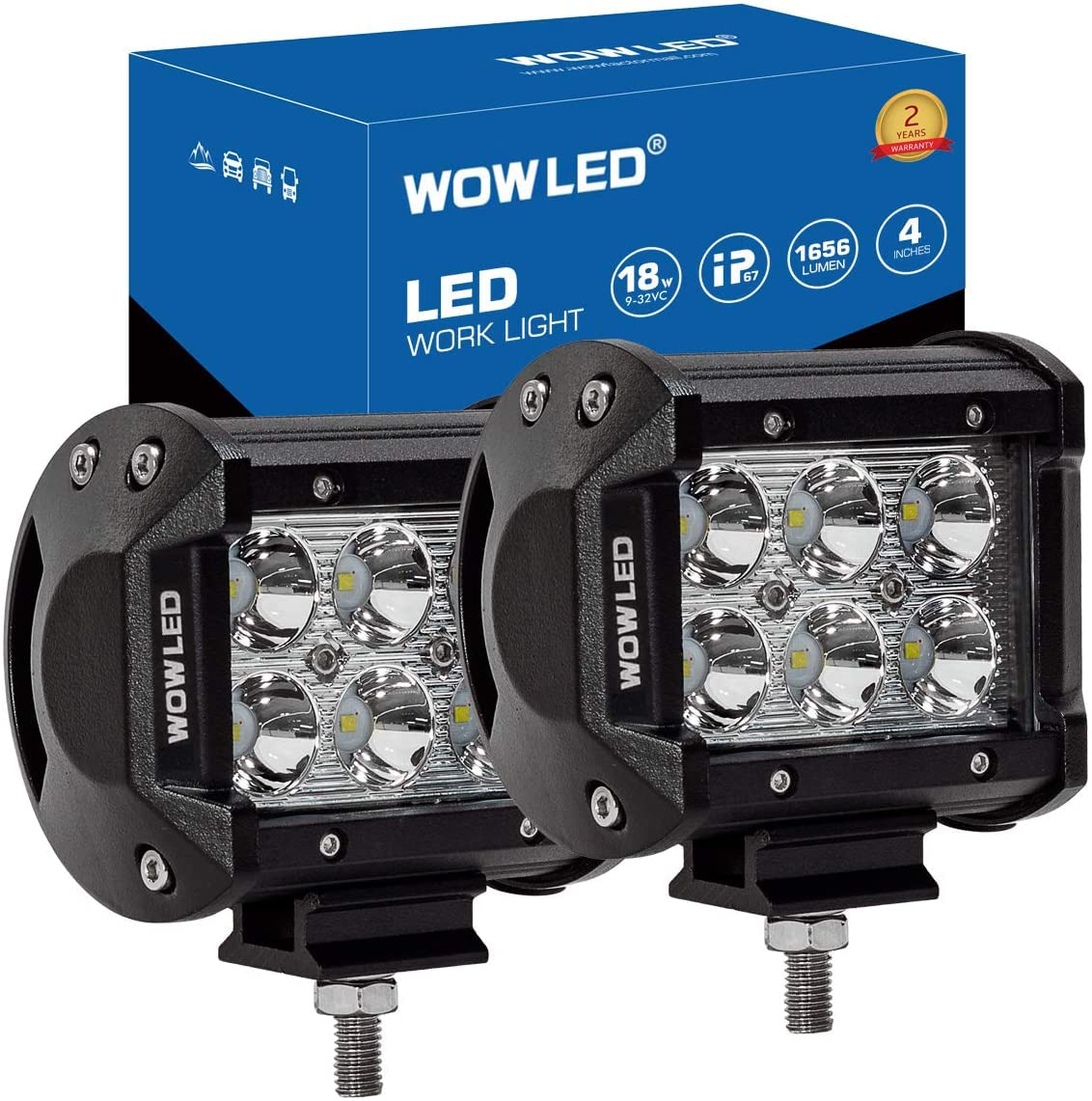 WOWLED 4 Inch 2 Pack 18W LED Lights LED Work Light Bar Spot Lamp Offroad 4WD SUV ATV Truck Boat Bar Lamp, IP67 Driving spotlight Spot Beam Light for Fog Camp 12V 24V DC