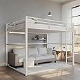 TRUNBACK Loft Bed Frame Twin/Full Size - 250lbs Heavy Duty Metal Bunk Bed, Space Saving Design with Safety Guardrail & Ladder, Ideal for Small Rooms/Dorms (Kids & Adults) (White, Twin)