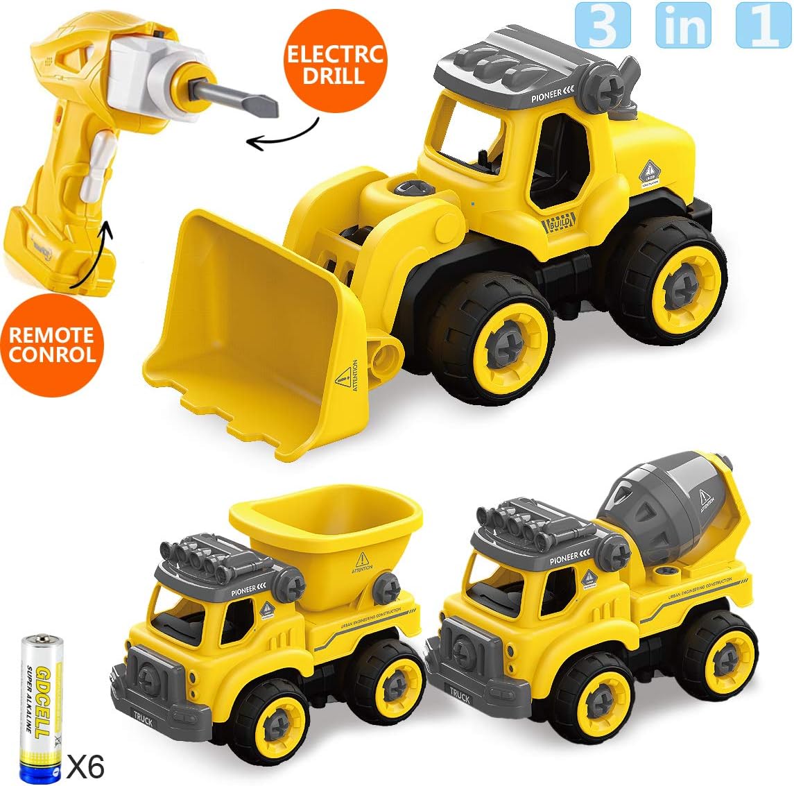 FREE TO FLY Take Apart Remote Control Truck 3 in 1 STEM Building Cars Kids Toys Set Detachable Dumn Truck with Electric Play Drill for 3 4 5 6 7 Year Old Boys and Girls