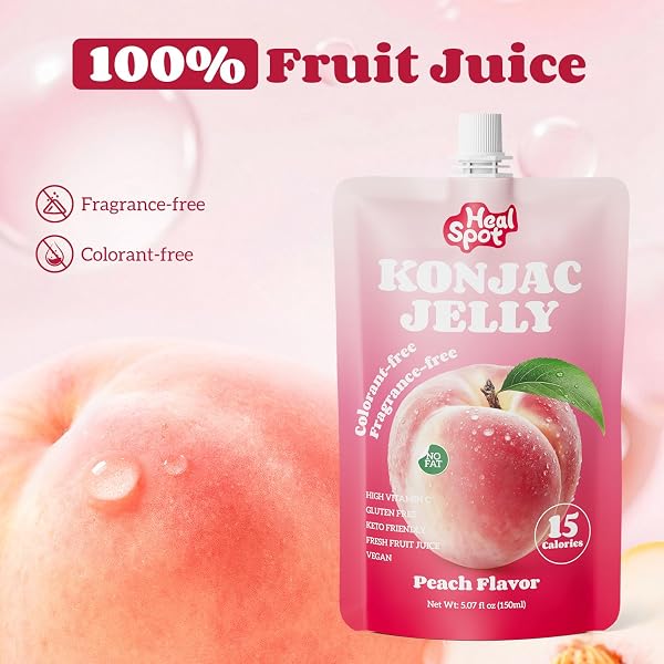 HEALSPOT REAL FRUIT JUICE SNACKS KONJAC JELLY WITH COLLAGEN PEPTIDES AND VITAMIN C, NO ARTIFICIAL SWEETENER, LOW CALORIES|GLUTEN FREE|KETO FRIENDLY, HEALTHY KOREAN SNACKS 10 POUCHES PEACH FLAVOR