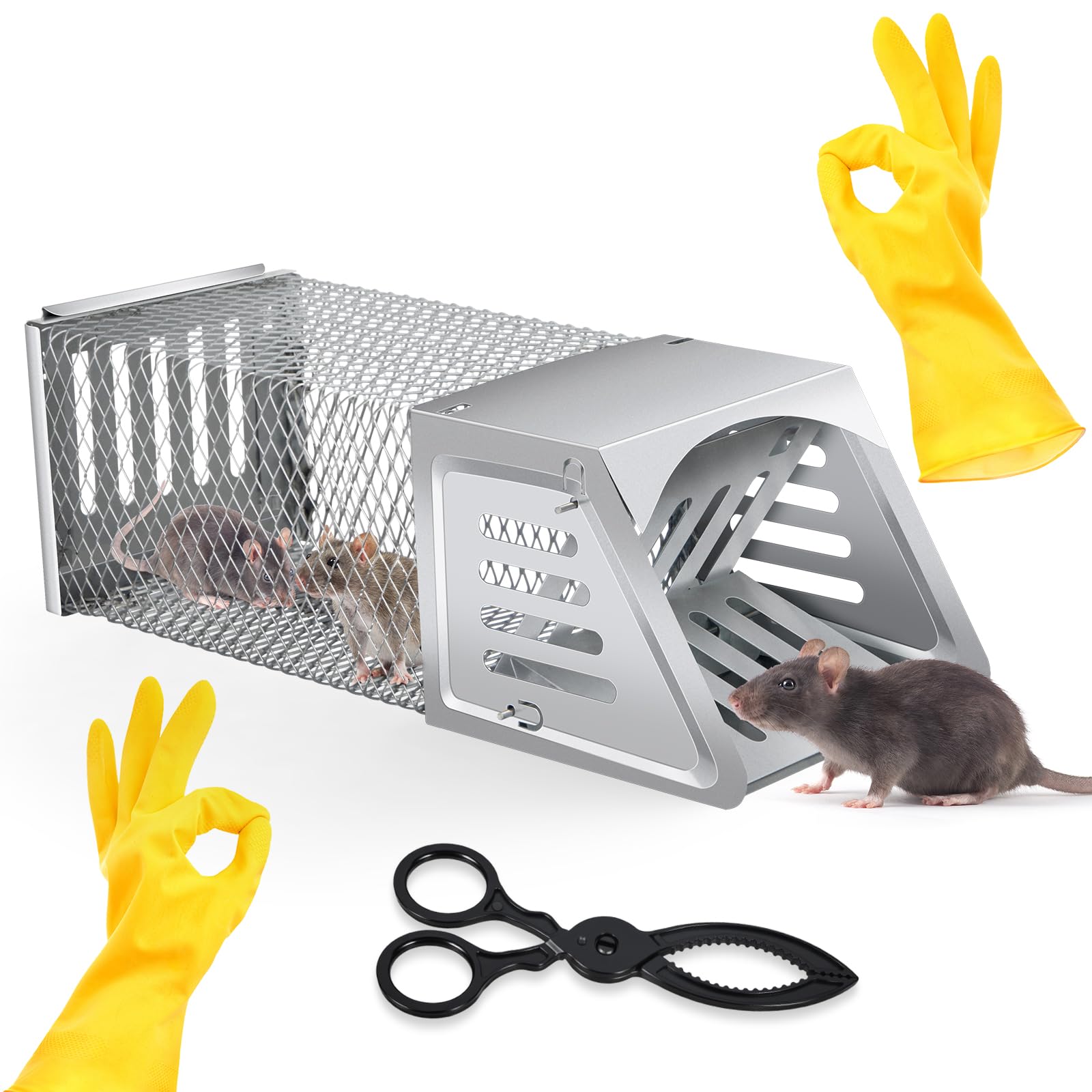 Photo 1 of 2025 Humane Rat Trap Outdoor Rodent Traps Humane Mouse Trapss Indoor Squirrel Trap,Sensitive Pedal Trigger,Metal Rat Live Animal Traps for Voles,Chipmunk,Rodents,Mice,Moles (Include Gloves&Clamps)