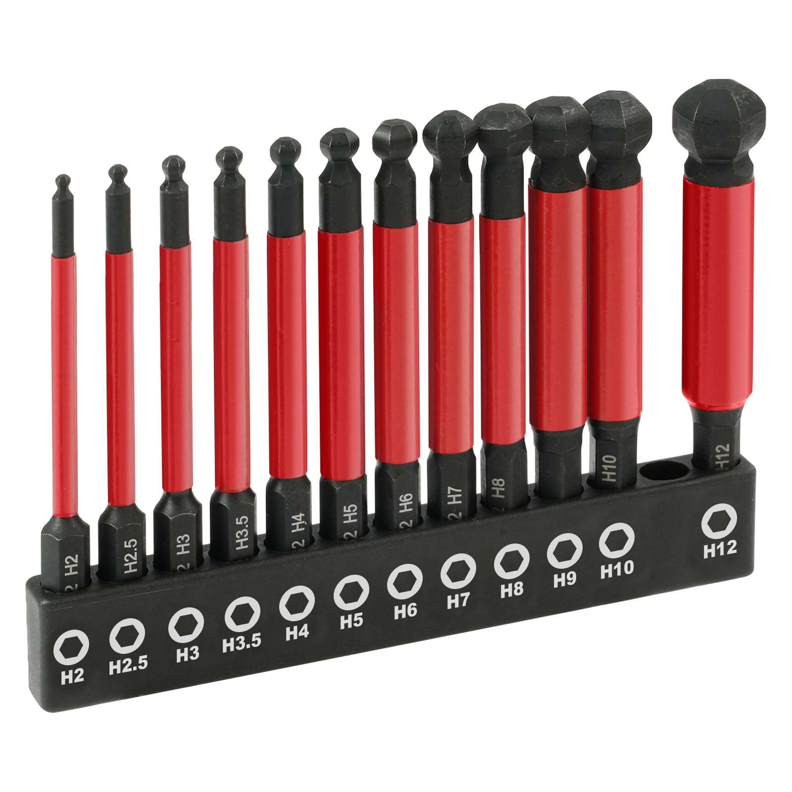 Flintronic 12Pcs Ball End Hex Screwdriver Bits Set, Magnetic S2 Steel Impact Allen Key Set, 1/4" Hex Shank Allen Wrench Drill Bits, 65mm Impact Drill Bit for Furniture Assembly - Metric H2-H12