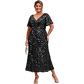 Ever-Pretty Plus Women's Sequin V Neck Plus Size Prom Dress Mermaid Formal Cocktail Evening Dresses for Curvy Women