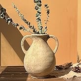 DOCFLVAS Rustic Ceramic Vase with 2 Handles, Beige Farmhouse Flower Vase for Home Decor, Vintage Terracotta Table Centerpieces, Dining Room Decor, Living Room Mantel Decoration, 8.11 Inch
