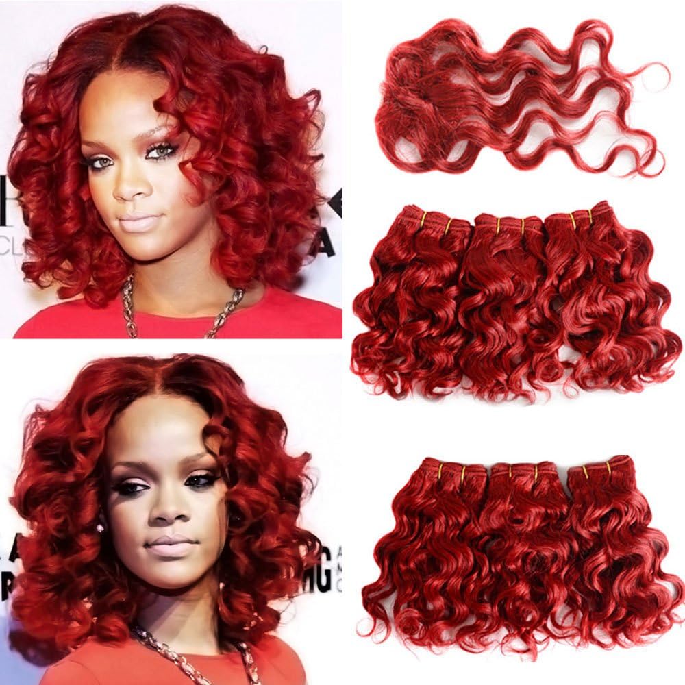 Brazilian Virgin Hair Deep Curly Water Wave Bundles With Closure Short Red Hair Extensions 6Pcs 8" Brazilian Human Hair Bundles