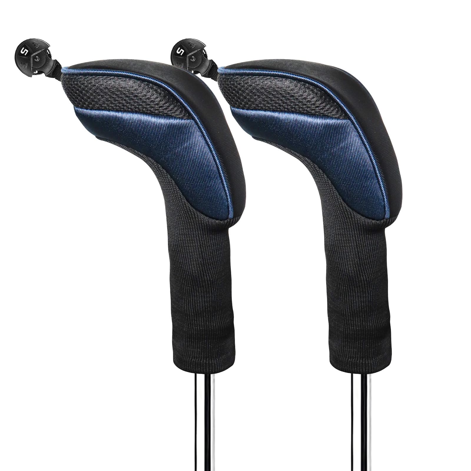 FINGER TEN Golf Club Head Covers Woods Hybrids Long Cover, Headcovers with Interchangeable No. Tags Fit All Hybrids Wood Clubs Light Durable (Navy-2 Pack Hybrid Covers)