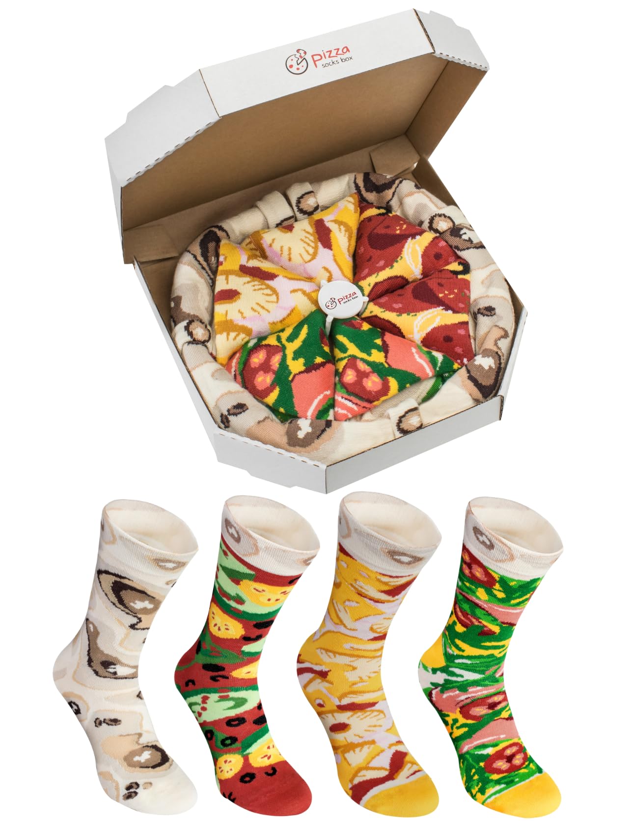 Rainbow Socks - Man Woman Pizza Socks Box Mix Italian Hawaii Pepperoni - 4 Pairs - Size 7,5-11