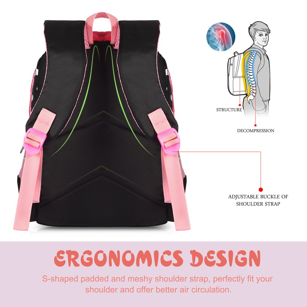 Vbiger Kinderrucksack Rucksack Kinder Kindergartenrucksack Rucksack für Mädchen 3-7 Jahren (Schwarz+rosa)