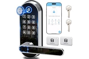 SAMTECHT Bluetooth Fingerprint Smart Lock with Handle & Keypad – Fits Most US Doors, DIY Install, Keyless Entry: Code, FOB, Auto-Lock. Ideal for Home, Airbnb, Rental, Kids, Seniors. Alexa & Google Compatible