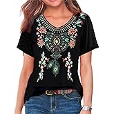 Womens Mexican Embroidered Tops Short Sleeve Fiesta Shirts Floral Peasant Blouses
