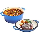 2 in 1 Enameled Cast Iron Dutch Oven Pot 6QT with 2QT Lid - Big Dual Handles - Oven Safe up to 500°F - Classic Round Pot for Versatile Cooking Blue