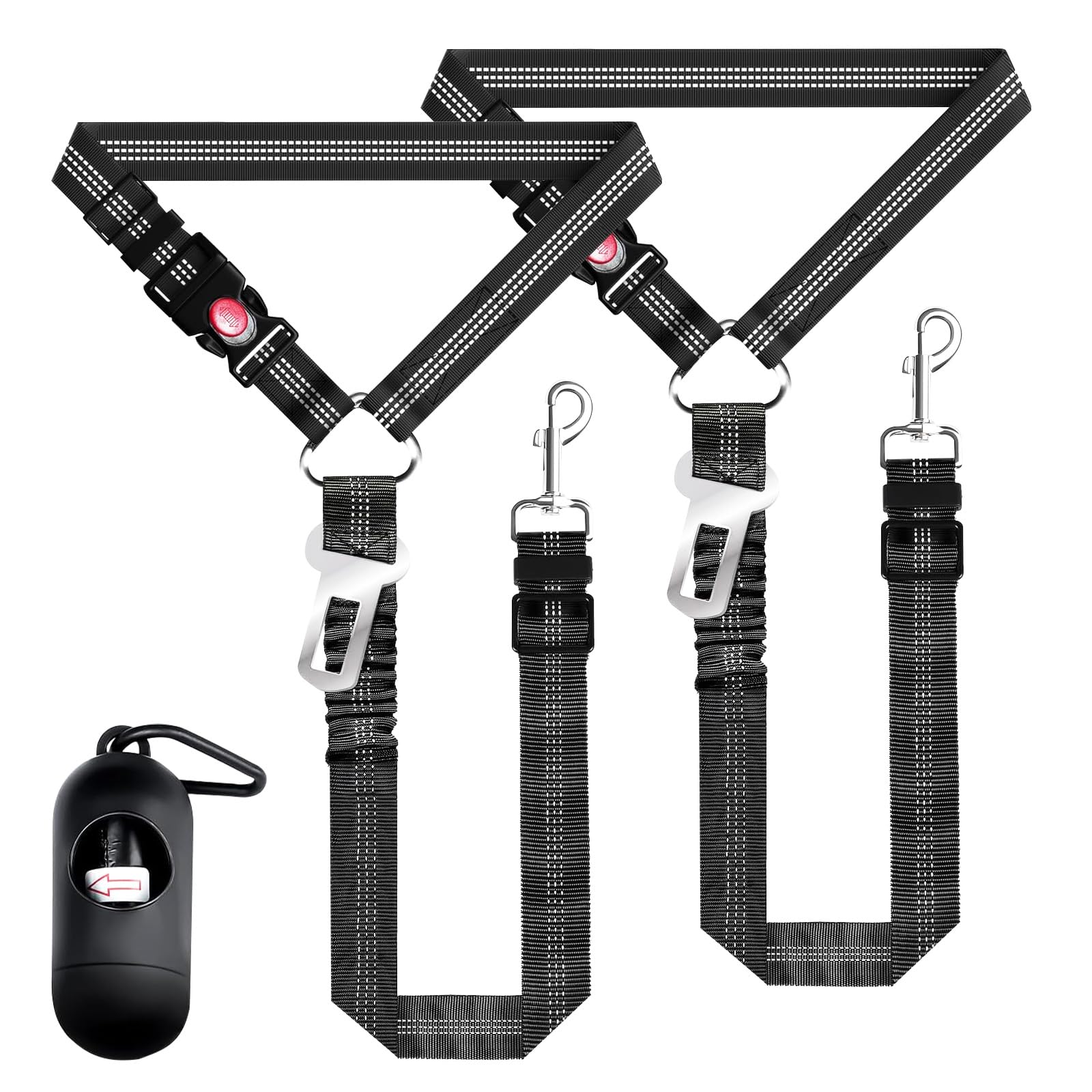 Removable Dog Seat Belt Harness for Car, 2 Pack Dog Car Seatbelt Leash, Retractable Restraint Secures to Vehicle Headrest & Adjustable Reflective Bungee Dog Seatbelt Tether with Poop Bag Holder