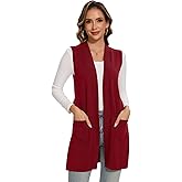 Moss Rose Long Vest for Women Sleeveless Cardigans Ribbed Knit Outwear with Belt and Pockets