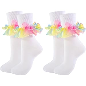 MKYSZLT 2 Pairs Women Big Ruffle Ankle Socks Adult Double Lace Frilly Socks Fold Cuff Fancy Cotton Ruffled Dress Crew Socks
