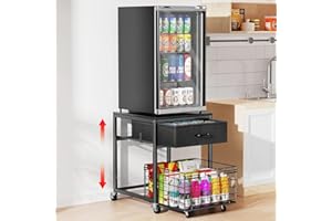 Housolution Mobile Mini Fridge Stand with Storage, Height-Adjustable Mini Beverage Fridge Table, Coffee Bar, 200 lbs Heavy-Duty Compact Refrigerator Shelf with Rolling Cabinet for Kitchen Home, Black