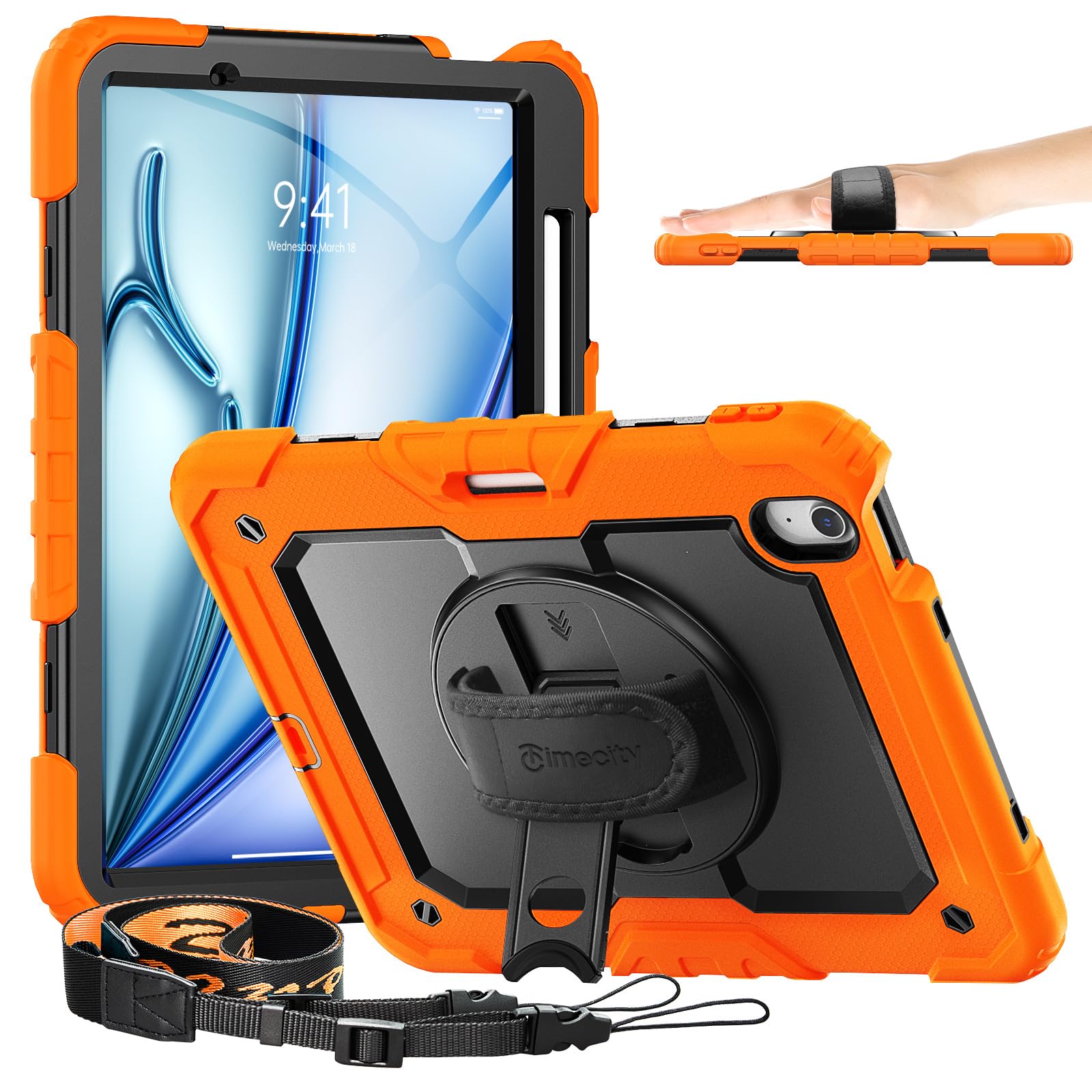 Photo 1 of timecity Case for iPad Air 11 Inch M3/ M2 (2025/2024), 360° Rotating Stand, Pencil Holder & Wireless Charging, Shockproof with Screen Protector & Shoulder Strap - for Designers, Orange