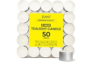 ZUVO 8 Hour Tea Lights Candles (50 Pack) - White Long Lasting Tea Lights -Smokeless & Unscented Candles - Party Candles- for Weddings - 3.8 x 2.3 CM, 8hr
