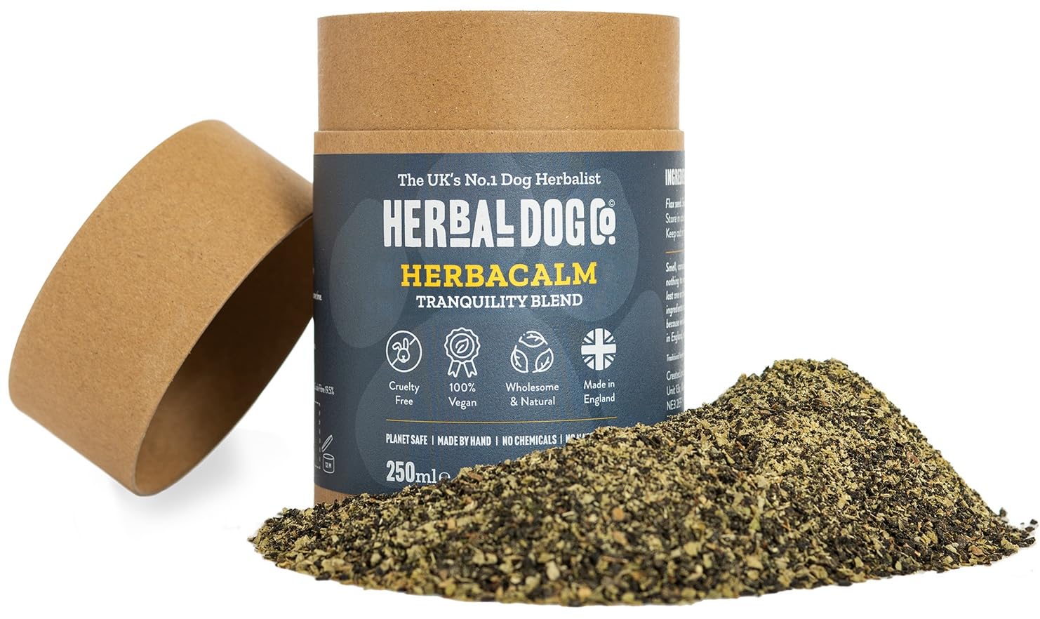 Herbal Dog Co HerbaCalm Powder Calming Supplements for Nervous Dogs, 250ml - Helps with Fireworks, Vet Trips & Separation for Dogs & Puppies - All-Natural, Vegan, Made in UK