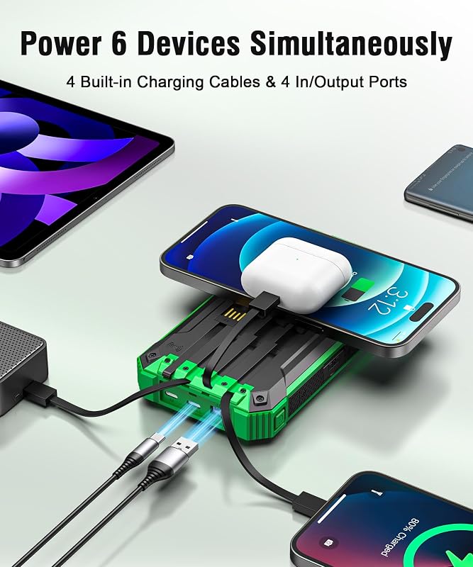 Wireless Solar Powerbank 26800mAh mit 4 Kabel, 15W Schnellladung für Handy