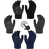 T WILKER Kids Winter Gloves Touch Screen Non-Slip Silicone Warm Knitted Gloves Elastic Cuffs 3 Pairs for Age 4-12 Girl Boy