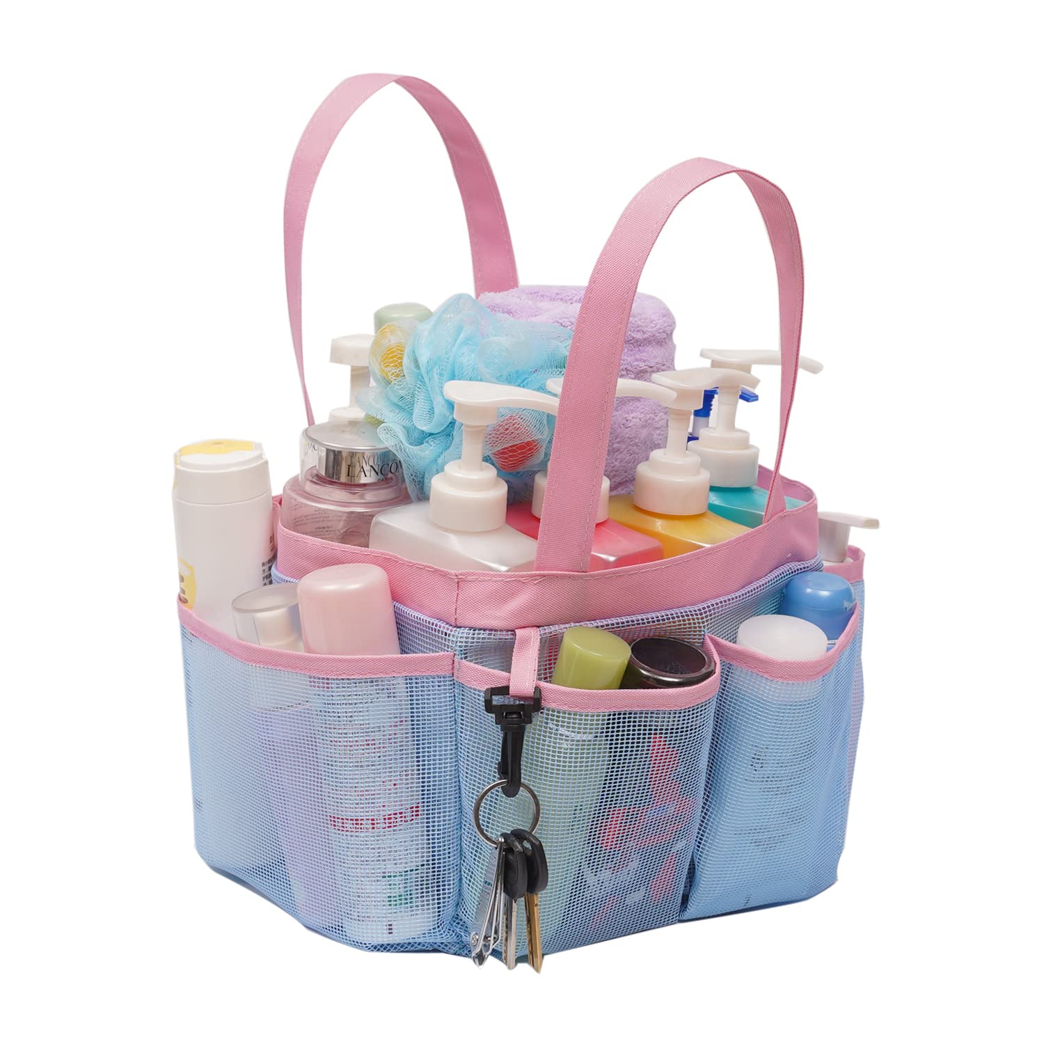 Photo 1 of Darunyar Mesh Shower Caddy Tote for College Dorm Room Essentials, Hanging Large Portable Shower Tote Bag Toiletry Organizer with Key Hook for Bathroom Accessories(pink)