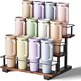 Wolera Stanley 40 oz Tumbler Compatible Organizer, 3-Tier Water Bottle Organizer with Wooden Shelves, Carbon Steel Rack Holds 12 Bottles, Kitchen & Bar Storage