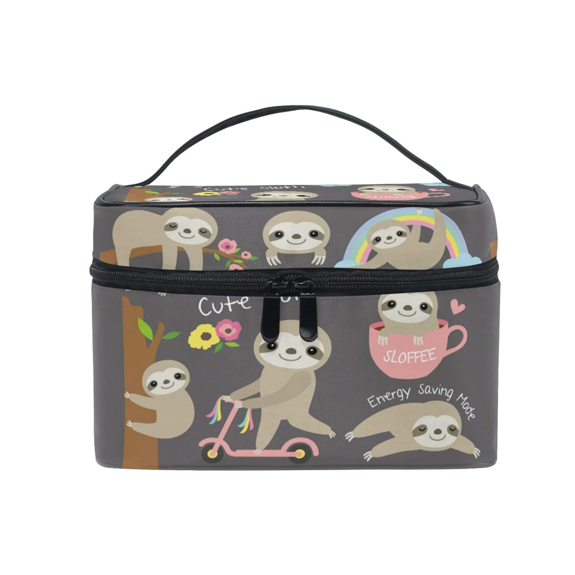 Cute Sloth Grey Floral Makeup Bag Carrying Portable Zip Travel Cosmetic Brush Bag Large Travel Organizer Artist for Girls Women