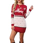 SunnyMelody Womens Ugly Christmas Sweater Dress Winter 2025 Reindeer Snowflake Knit Crew Neck Long Sleeve Midi Dresses