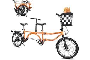 Choosilay Folding Adult Tandem Bike - City Tandem Folding Bicycle with Basket, Foldable Tandem Adult Beach Cruiser Bike with 7 Speeds 20inch Wheel, Adjustable 2-Seater Height