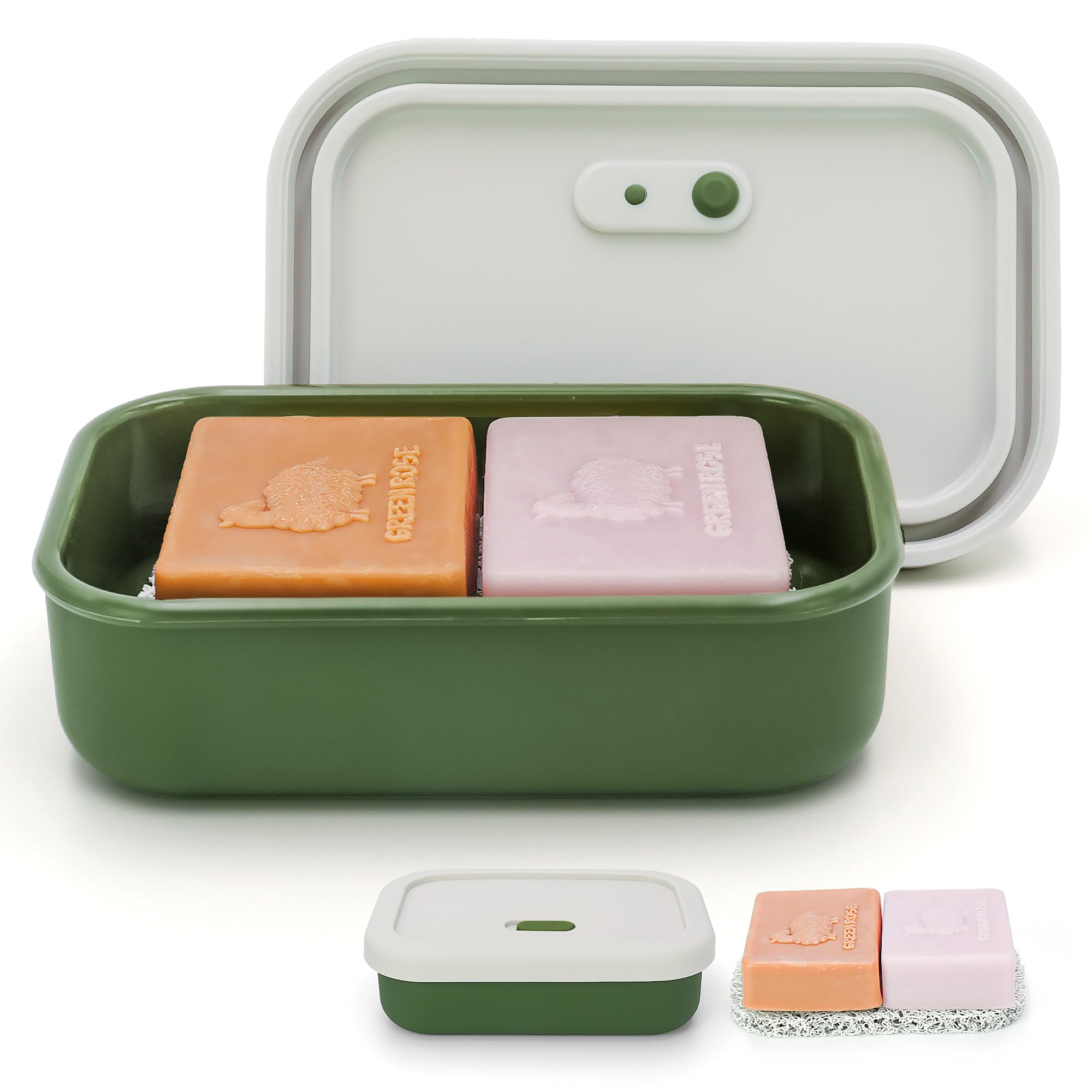 Photo 1 of AIDIMMING Silicone Enhanced Leak Proof Travel Soap Case, Vented Shampoo Bar Holder, Large Bar Soap Box with Lid Portable Soap Dish with Draining Layer (Offwhite& Green)