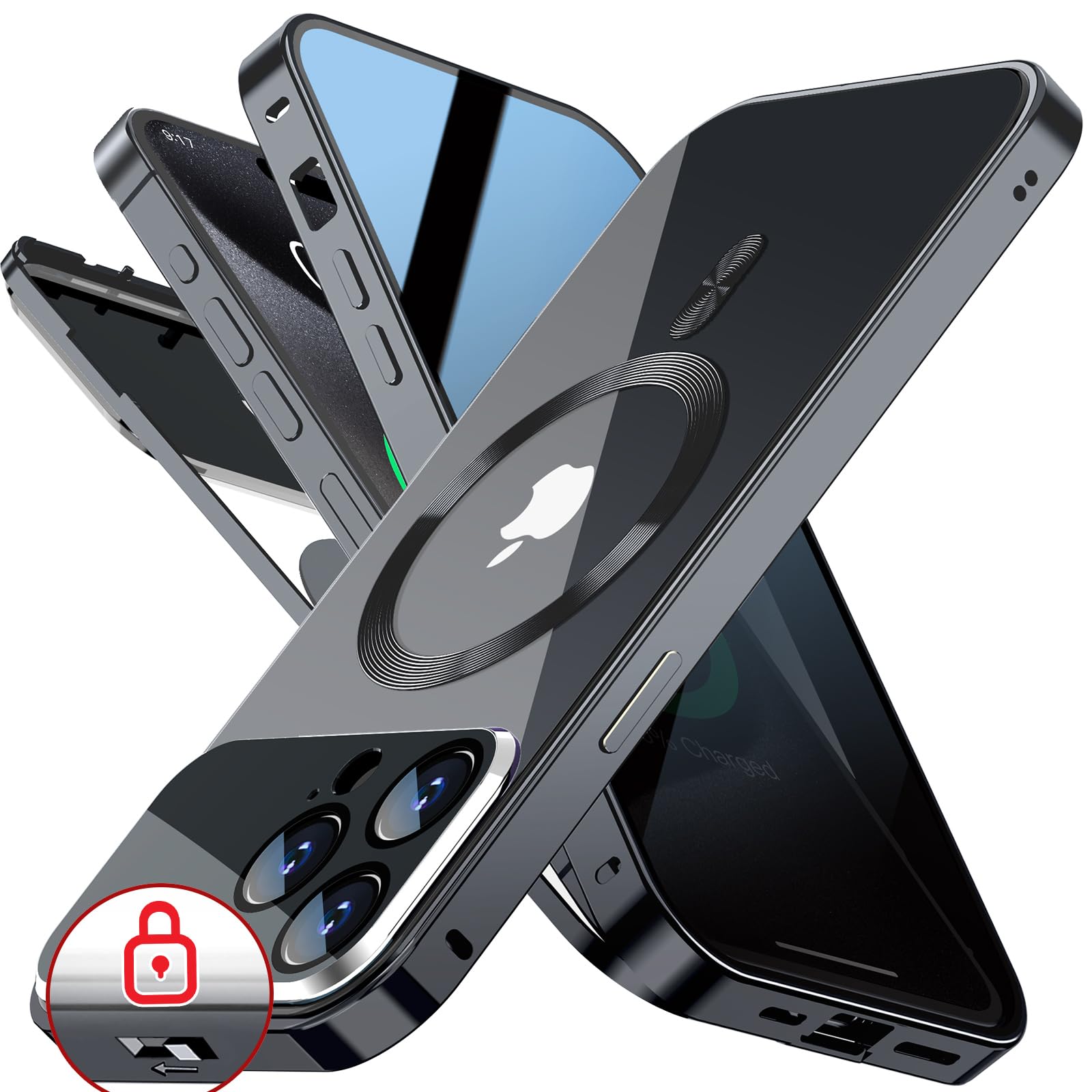 Photo 1 of [Full Camera Protection& Mechanical Lock]Magnetic Privacy Case for iPhone 14 Pro [Compatible with MagSafe] [CD Metal Ring]Full Body Shockproof Metal Bumper, 9H Anti Peeping Glass Cover-Black