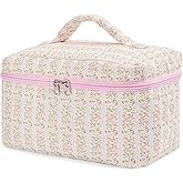 MZLUWM Large Travel Quilted Makeup Bag，Cute Bow Cotton cosmetic bag, Fashionable aesthetic makeup bag,Coquette Aesthetic Floral Travel Toiletry Bag for Women and Girls