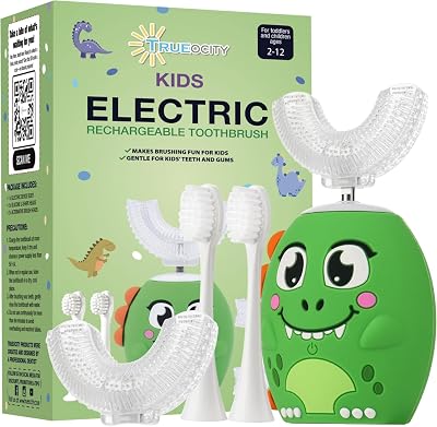 Trueocity Kids U Shape Toothbrush Auto Electric Toddler Rechargeable Kids Automatic Toothbrush | 360° U-Shaped Silicone Brush Head | Gentle Cleaning for Ages 2–7 | Dinosaur Design (Green)