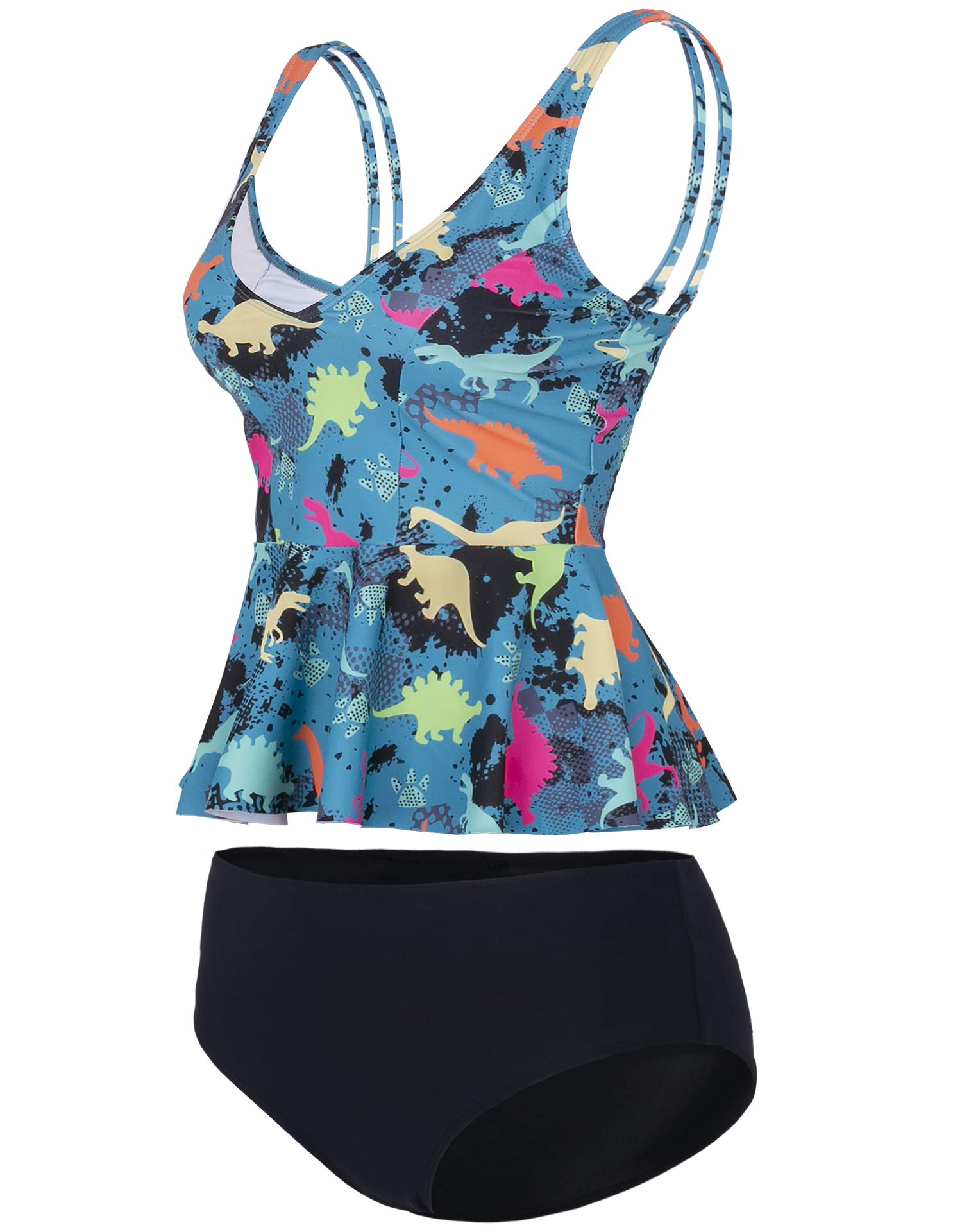 Verano Playa Women Two Piece Tankini Swimsuit Ruffle Floral Racerback Top HighCut High Waisted Tummy Control Bathing Suit