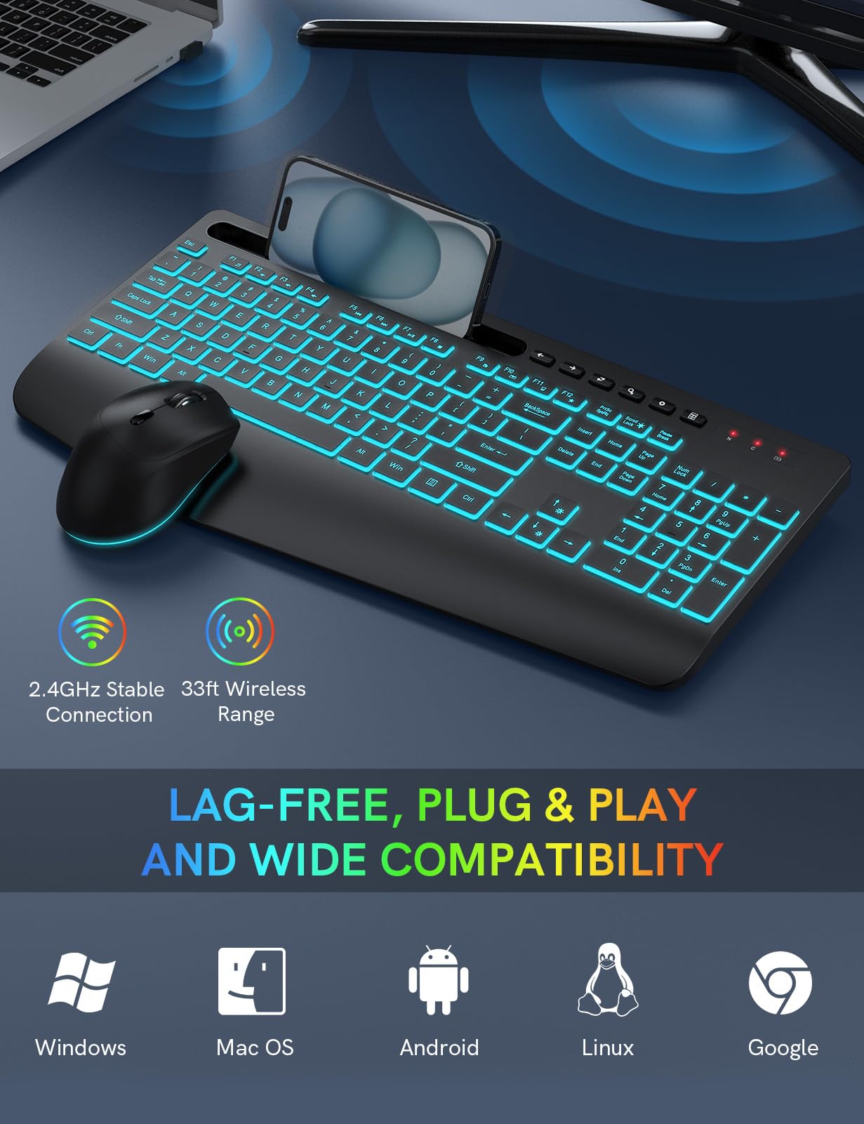 Wireless Keyboard and Mouse Combo- 7-Color Backlit, Wrist Rest, Rechargeable, Silent Light-Up Keys, RGB Mouse, Ergonomic Full Size Keyboard with Phone Holder for Windows, Mac, PC, Laptop - Trueque