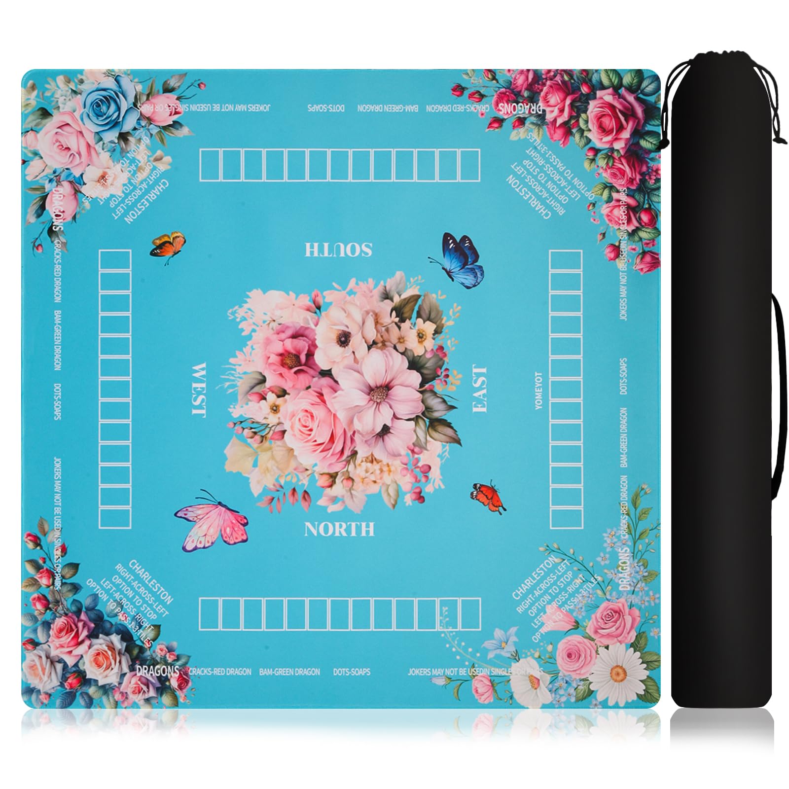 YOMEYOT Mahjong Mat for Table with Pretty Flower Design and Storage Bag 31.5x31.5 inch Anti-Slip Mah Jong Tiles Quieter Mahjong Table Mat with Charleston Rules Gift for Women Wife (Sky Blue)